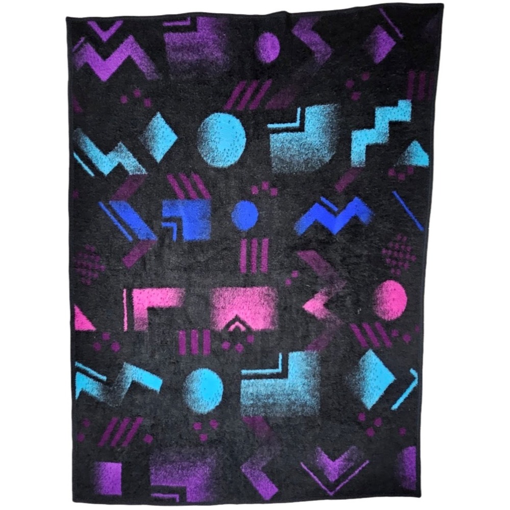 Vtg Biederlack Black Blue Purple Pink 90's Throw Blanket Soft Acrylic 55x75